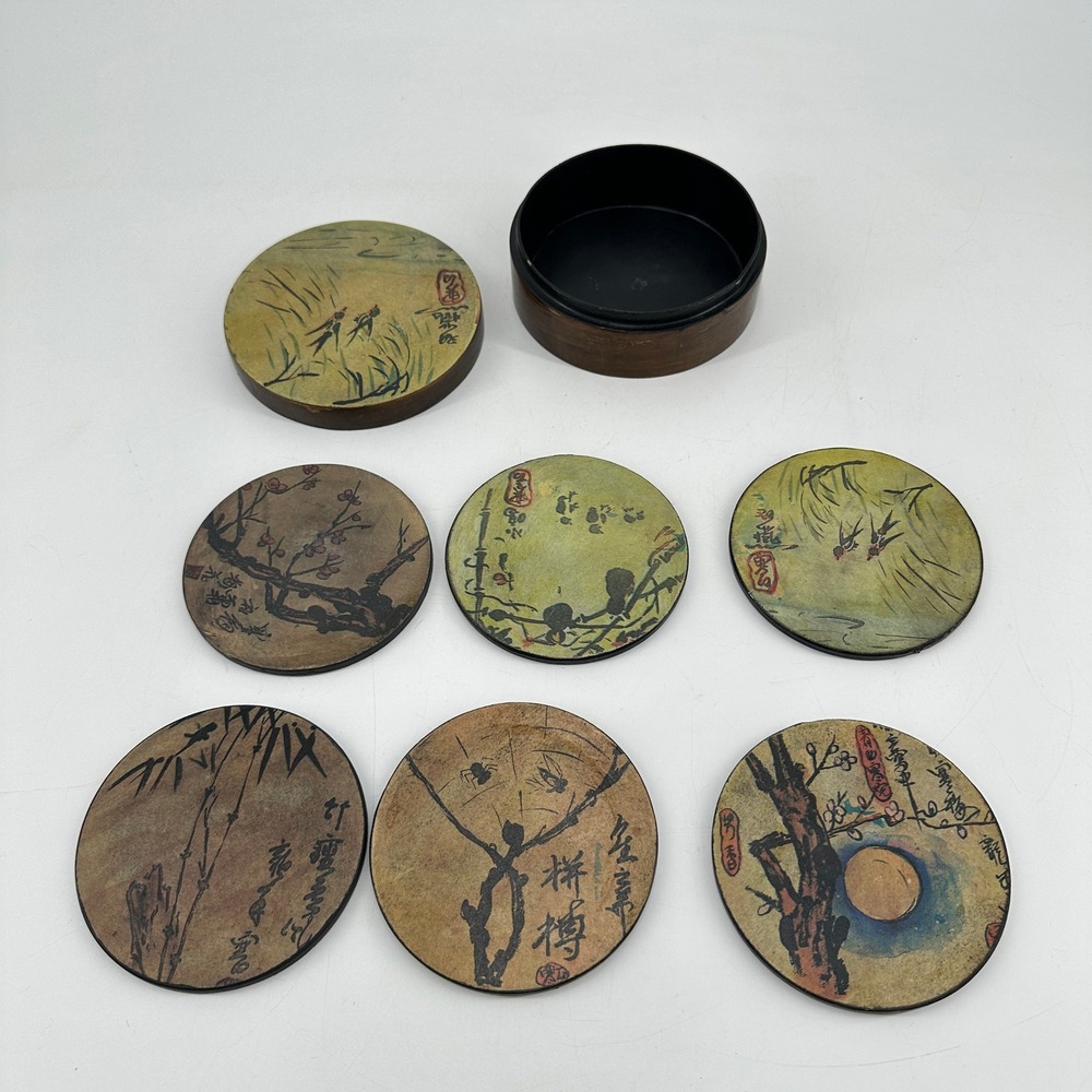 Vintage Japanese Lacquerware Coaster Set Hand Painted Nature Scenes with Box 6pc - Picture 2 of 6